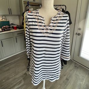 Chico's Navy and White Stripe 3/4 Sleeve Top with Gold Embroidery Accents Small